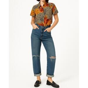 VINTAGE VIRGO Floral Print Button-Up Shirt | Size 12 | Yellow Orange | 90s Retro